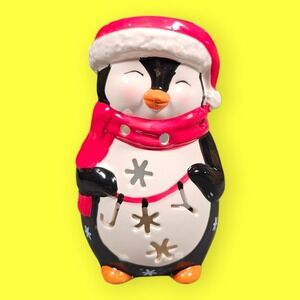 Vintage Penguin Santa Hat Candle Holder Snowflakes Scarf